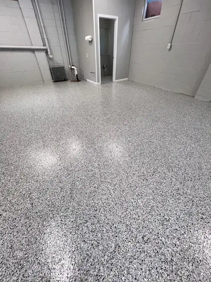 Flake basement floor coating installed by Resin4U in Kuna, Idaho
