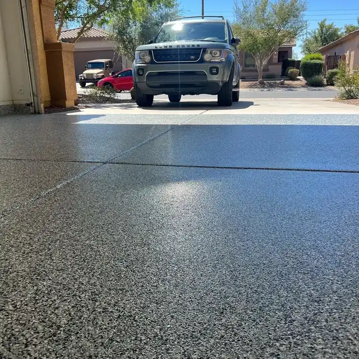 Gray flake garage floor running out to the driveway