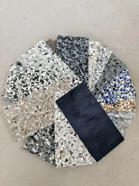 Resin4U flake color sample boards fanned out: grays, charcoal, earth tones and blue