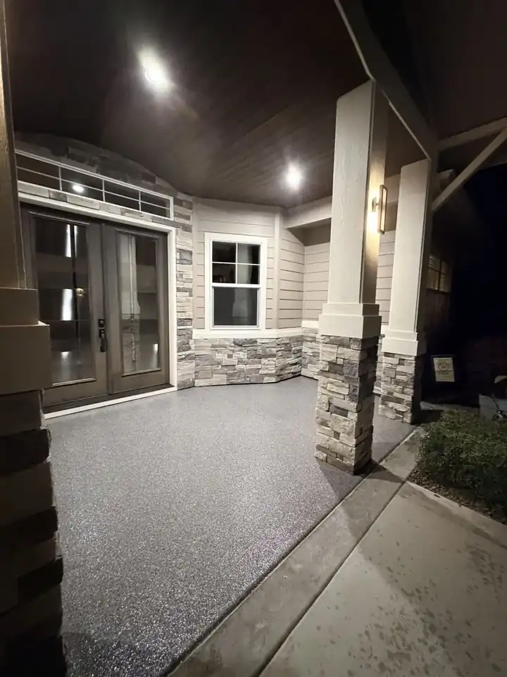 Textured flake coating on a front porch entry