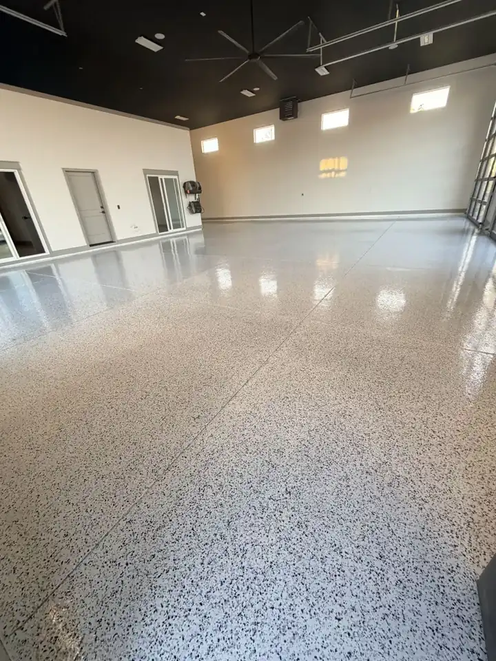 Large shop and RV garage with a high-gloss flake floor